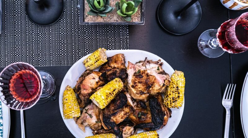 Grilled Chicken and Corns on a Ceramic Plate