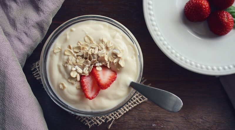 yogurt, strawberries, food