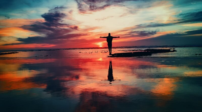 ocean, sunset, person