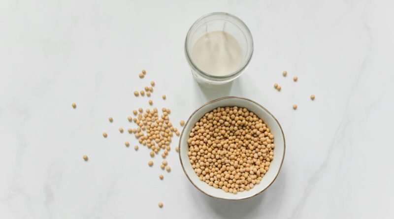 Top View Photo of Soybeans on Bowl Near Drinking Glass With Soy Milk