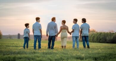 family, sunset, field