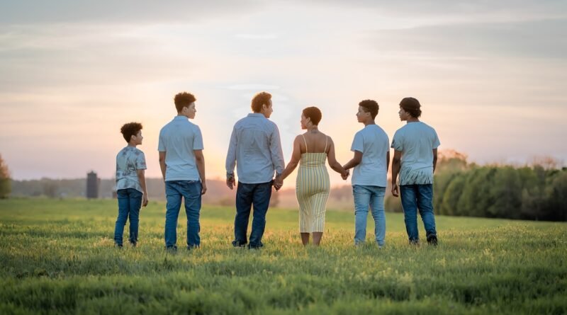 family, sunset, field